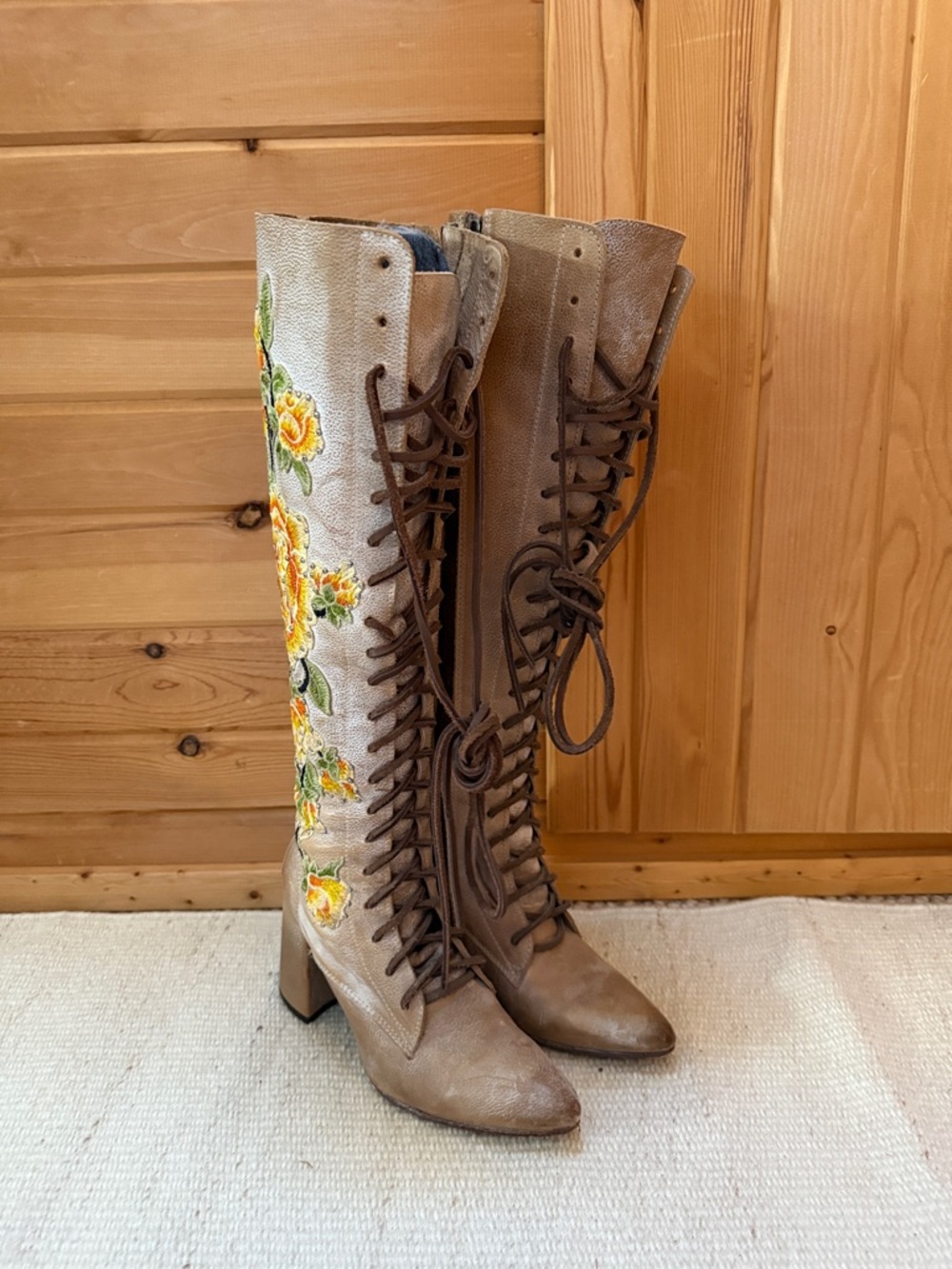 Freebird by Steven Leather Lace-Up Knee-High Boots with Yellow Floral Embroidery